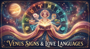A mystical illustration featuring a zodiac wheel and a goddess figure holding symbols of affection, representing the spiritual connection between Venus Signs Love Languages and relationship compatibility