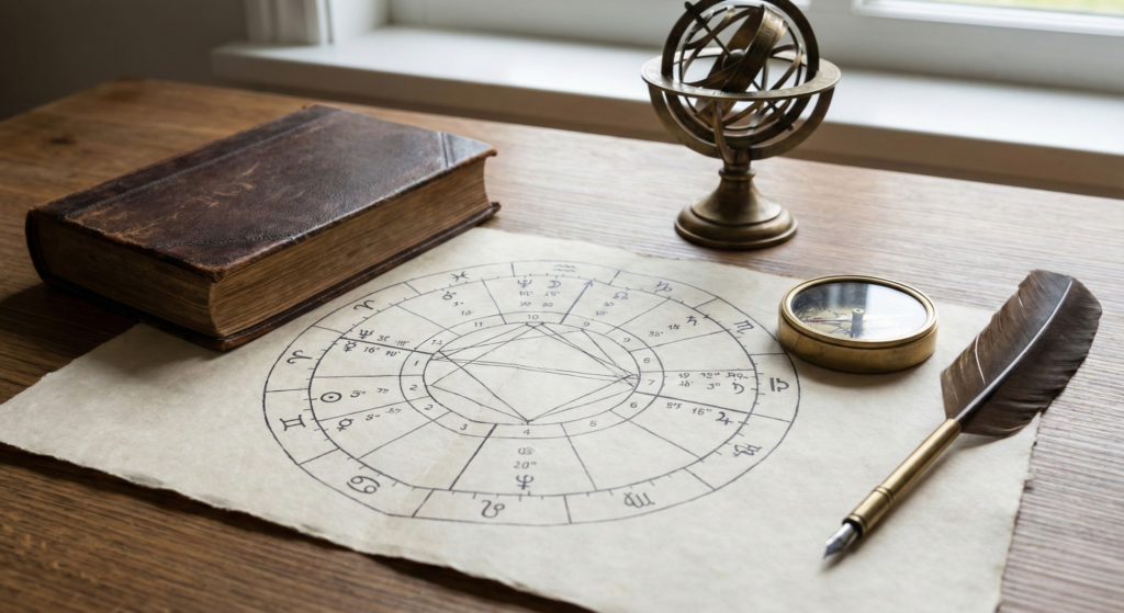 A realistic photograph of an astrologer's desk featuring a hand-drawn natal chart, a compass, and a book, showcasing the practical tools of Western Astrology.