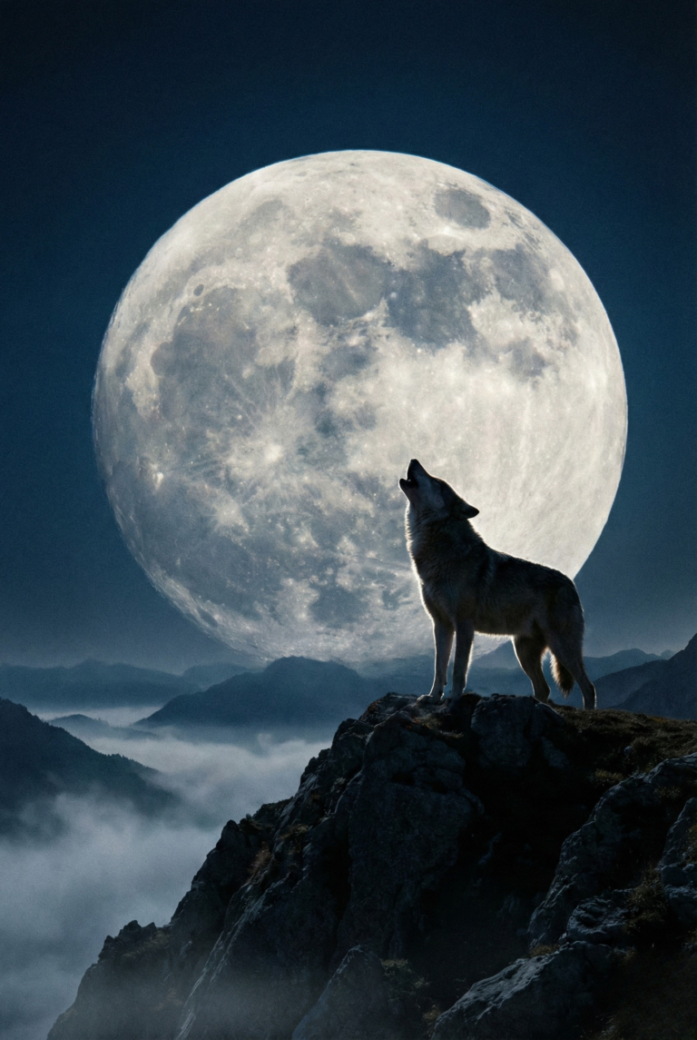 Silhouette of a lone wolf howling against a massive white full moon.