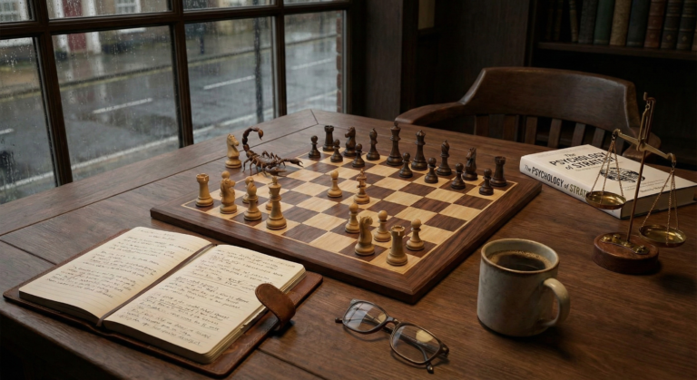 A realistic photograph of a moody study desk with a chessboard featuring a scorpion piece, a journal, brass scales, and a book on strategy, illustrating the psychology behind Zodiac Mind Games.