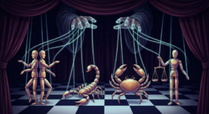 A stylized illustration depicting giant hands controlling zodiac marionettes—Gemini, Scorpio, Cancer, and Libra—on a chessboard stage, metaphorically representing Zodiac Mind Games.