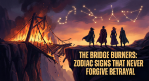 Dramatic illustration of a burning bridge under a starry sky, representing the Zodiac Signs That Never Forgive Betrayal and their tendency to cut ties permanently.