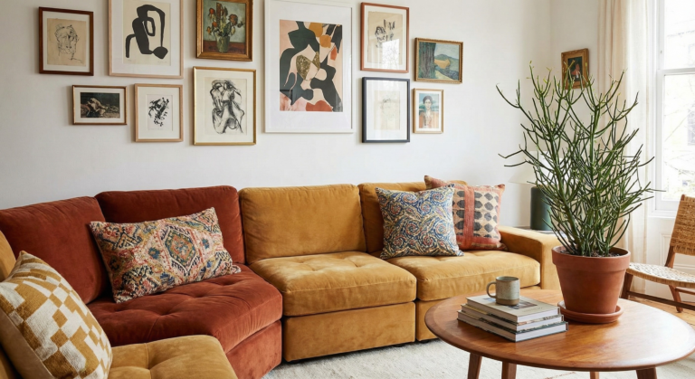 A sunlit, cozy living room with a rust and mustard modular velvet sofa and an eclectic gallery wall, exemplifying the vibrant "dopamine decor" trend mentioned in the 2026 Design Horoscope.