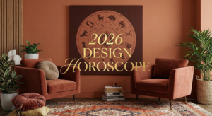 A warm terracotta-toned living room featuring velvet armchairs and a large astrological chart art piece, illustrating the 2026 Design Horoscope and Year of the Fire Horse interior trends.