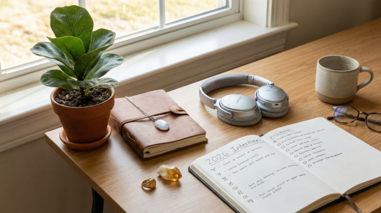 A sunlit desk scene next to a window featuring an open notebook labeled "2026 Intentions," alongside various objects acting as lucky charms for zodiac signs, including a fiddle-leaf fig plant, silver headphones, and a moonstone necklace on a leather journal.