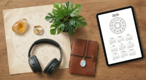 A top-down desk view featuring a zodiac chart, a 2026 digital calendar on a tablet, and four distinct objects representing elemental lucky charms for zodiac signs: a citrine crystal and gold ring, a small plant, noise-canceling headphones, and a leather journal with a moonstone pendant.