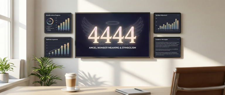 A digital display board in a sunlit room shows the number "4444" and the phrase "ANGEL NUMBER MEANING & SYMBOLISM", accompanied by four smaller screens tracking spiritual and manifestation progress, illustrating the angel number 4444 meaning.