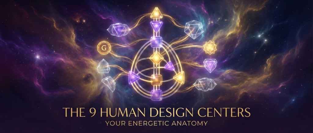 Cosmic illustration of the 9 Human Design Centers displaying the glowing geometric shapes of the BodyGraph against a purple galaxy background with the text Your Energetic Anatomy.