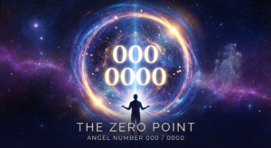 A cosmic illustration of Angel Number 000 and 0000 glowing in a spiritual portal, representing the Zero Point field of infinite potential.