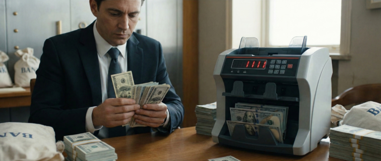 A currency counter machine displaying the count 1111 while processing dollar bills, illustrating the connection between Angel Number 1111 and career success or financial growth.
