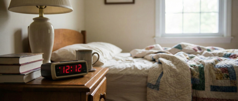 A modern bedroom with a digital bedside clock displaying 12:12, symbolizing the appearance of Angel Number 1212 in daily life.