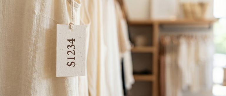 A realistic close-up of a price tag on a dress reading $12.34, illustrating a common way people encounter Angel Number 1234 in their daily life.