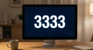 A home office computer monitor displaying Angel Number 3333 in bold white text, symbolizing a spiritual sign of career growth and creative expansion.
