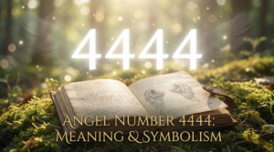 An open book rests on mossy grass in a sunlit forest with the glowing number "4444" hovering above it, symbolizing the angel number 4444 meaning.