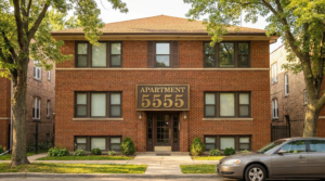 The exterior of a red brick American-style apartment building with the address 5555 prominently displayed, symbolizing angel number 5555 manifesting in a home environment.