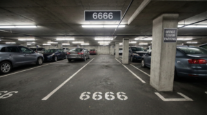 An underground office parking spot with the number 6666 painted on the floor, illustrating a real-life example of seeing angel number 6666.