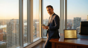 A successful businessman holding cash next to a golden plaque engraved with Angel Number 8888 and the words "Infinite Abundance," symbolizing career success and wealth manifestation.