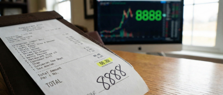 A close-up photograph of a receipt highlighting the total "88.88" alongside a handwritten Angel Number 8888, with a financial stock market graph in the background also displaying 8888 in green.