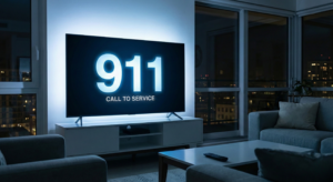 A glowing television screen clearly displaying the number 911, symbolizing the urgent spiritual call to service and awakening associated with Angel Number 911.
