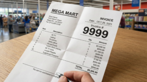A close-up of a Mega Mart invoice lying on a wooden counter clearly displaying Invoice #9999, illustrating a real-life example of seeing angel number 9999 in daily transactions.
