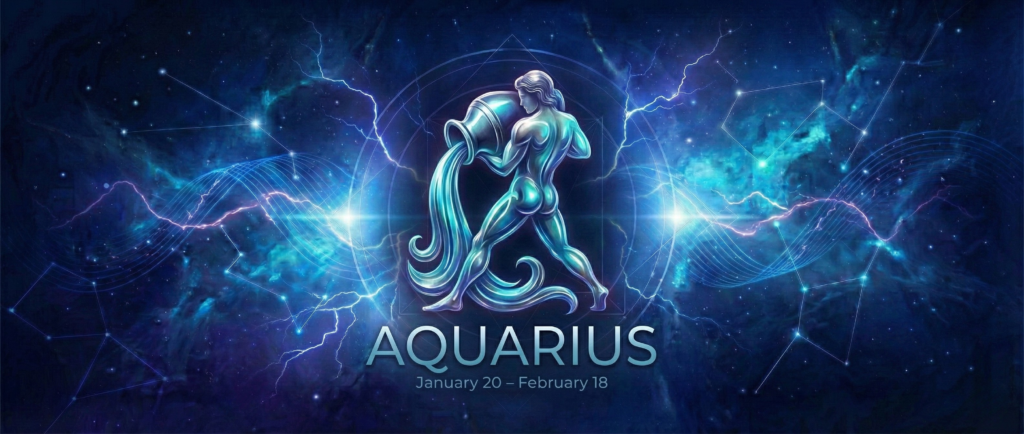 Aquarius Zodiac Sign banner featuring a glowing blue Water Bearer symbol, electric lightning nebula background, and the dates January 20 – February 18.