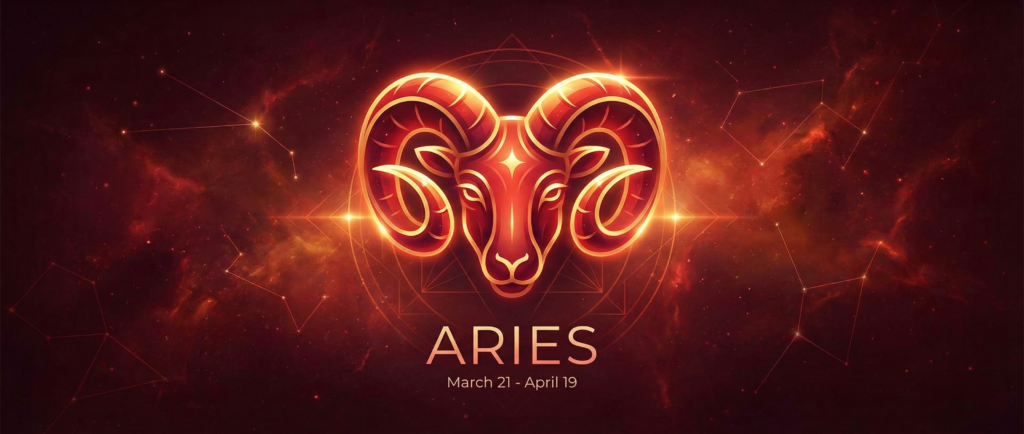 Artistic banner of Aries Zodiac Sign featuring a glowing golden Ram symbol and the dates March 21 to April 19.