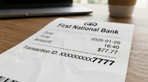 A close-up photograph of a First National Bank transaction receipt, showing the transaction ID ending in bold 7777, illustrating a real-life example of seeing angel number 7777.