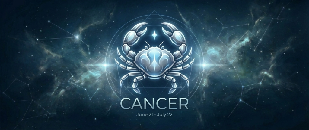 Cancer Zodiac Sign banner featuring a glowing silver crab symbol, moonlit nebula background, and the dates June 21 - July 22.