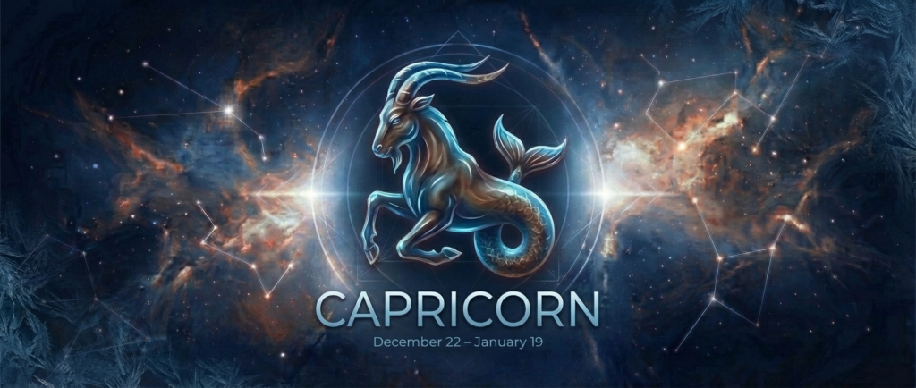 Capricorn Zodiac Sign banner featuring a glowing blue and bronze Sea-Goat symbol, deep cosmic nebula background with constellations, and the text dates December 22 – January 19.
