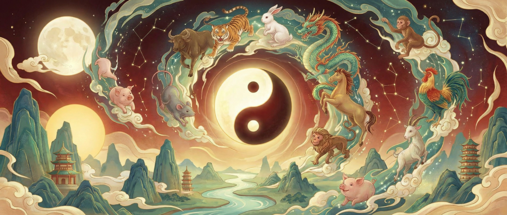 Artistic illustration of the Chinese Zodiac featuring twelve animal signs, a central yin-yang symbol, and traditional mountain landscape for the year 2026.