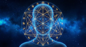 A glowing blue human silhouette against a deep space background, overlaid with intricate golden sacred geometry connecting various astrological zodiac signs and planetary glyphs representing planetary aspects.