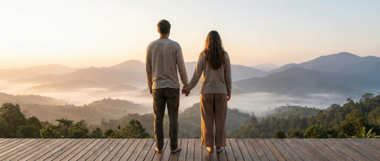 A wide panoramic view of a couple holding hands in a serene nature setting, symbolizing the authentic bond of a true spiritual connection.