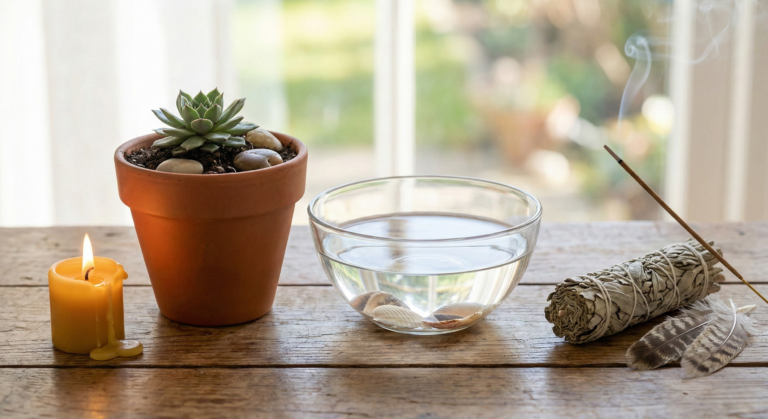 A realistic photograph of objects representing the four elements for manifestation techniques: a lit candle (fire), a potted succulent (earth), a bowl of water (water), and burning sage with feathers (air) on a wooden table.