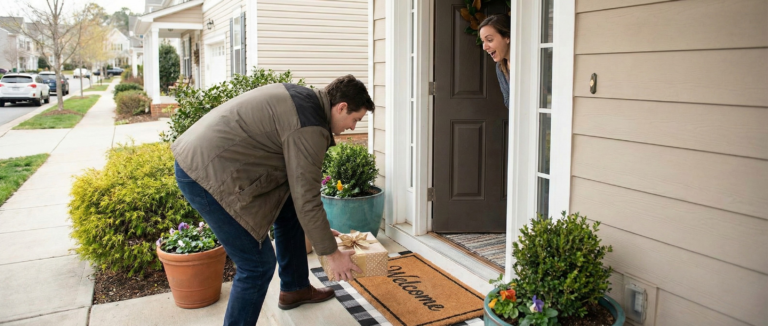 A realistic photo of a neighbor leaving a surprise gift at a door, illustrating the unexpected goodwill and positive outcomes that naturally occur through correct Energy Alignment.