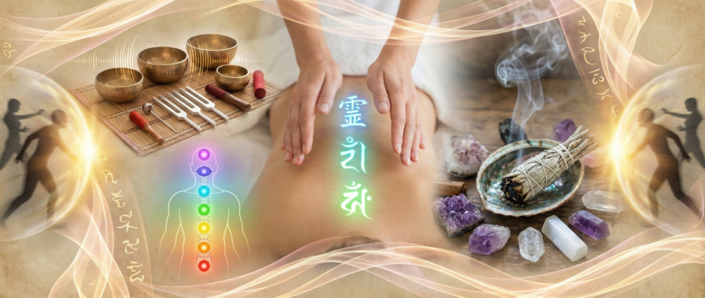 A comprehensive energy healing collage featuring Reiki hands, sound therapy bowls, glowing chakra points, burning sage, and crystals representing holistic restoration and protection.
