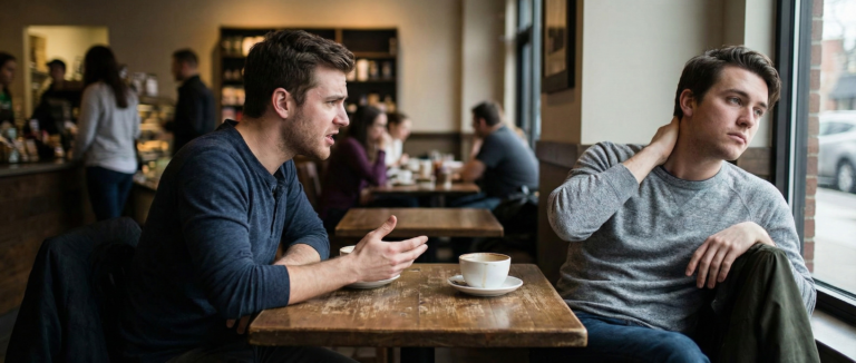 A banner photograph depicting the draining dynamic of energy vampires in a coffee shop setting, where one man looks exhausted while another talks intensely.