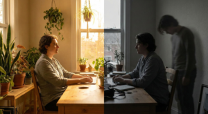 A banner photograph showing a man looking visibly drained and looking out a window while his friend, acting as an energy vampire, talks intensely across a table in a coffee shop.