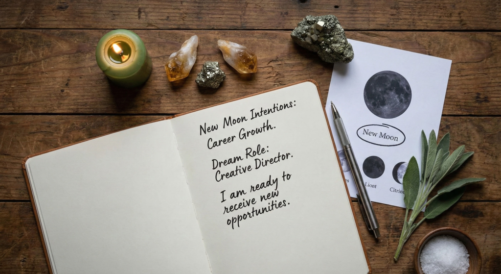A dramatic view of a dark new moon in the night sky above a lit candle and journal, symbolizing powerful New Moon Rituals for career growth.