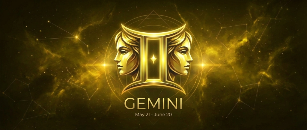 Artistic banner of Gemini Zodiac Sign featuring the Twins symbol and the dates May 21 to June 20.
