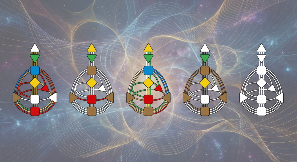 A banner illustration displaying five distinct BodyGraph charts representing the different Human Design types—Manifestor, Generator, Manifesting Generator, Projector, and Reflector—arranged side-by-side against a cosmic background.