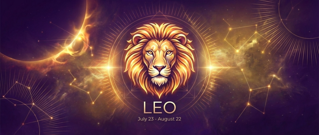 Leo Zodiac Sign banner featuring a glowing golden lion symbol, fiery purple and gold nebula background, and the dates July 23 - August 22.