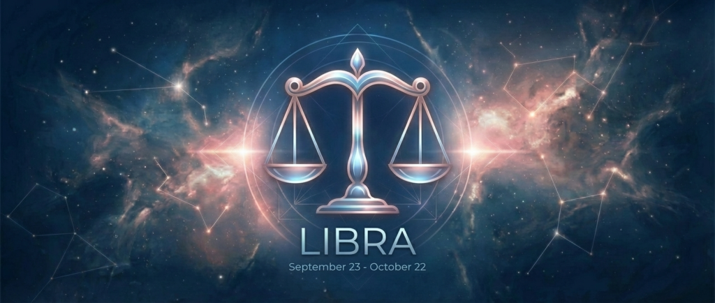 Libra Zodiac Sign banner featuring a glowing silver Scales symbol, blue and pink nebula background, and the dates September 23 - October 22.