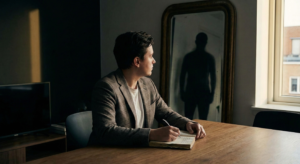 A man sitting at a desk writing in a journal, pausing to look at an antique mirror that reflects a dark, indistinct shadow figure instead of his own image, illustrating the psychological process of shadow work.