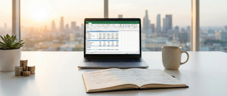 A sunlit home office desk overlooking a city skyline, featuring a laptop displaying data and an open journal with "CAREER INTENTIONS" written inside, symbolizing manifestation for career and finances.