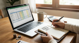 A close-up view of hands writing in a notebook titled "CAREER & FINANCIAL GOALS" next to a laptop spreadsheet and stacked coins, illustrating the practice of manifestation for career and finances.