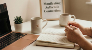 A close-up of hands writing in a journal on a desk, alongside coffee mugs and a framed sign, illustrating the practice of manifestation for love and relationships.