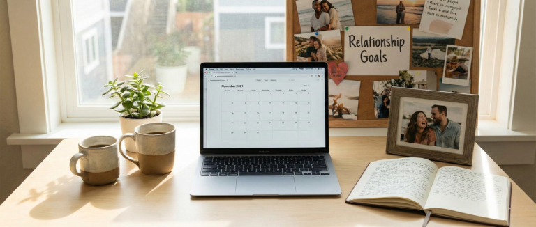 A sunlit home office desk featuring a laptop, journal, and a corkboard vision board labeled "Relationship Goals," visualizing manifestation for love and relationships.