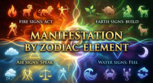 A featured blog graphic illustrating manifestation techniques by zodiac element, showing distinct color-coded quadrants with symbols and text for Fire, Earth, Air, and Water signs.