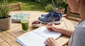 A person writing in a "Health & Vitality Intentions" journal on a sunny patio next to green juice and running shoes, visualizing the process of manifesting health.