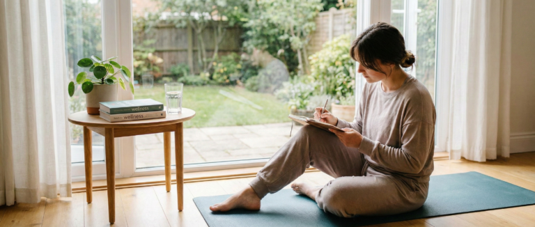 A woman sitting on a yoga mat by a large window, writing in a journal next to wellness books, illustrating a practice for manifesting health.